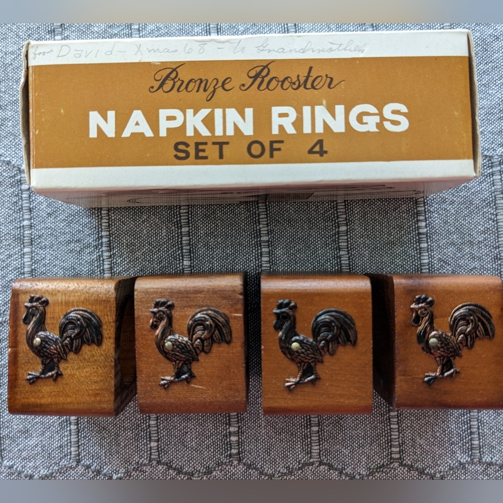 Napkin Rings MCM Rooster bronze wood original box patina mid centur…